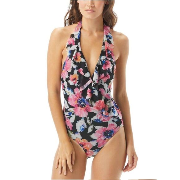 Carmen Marc Valvo Womens 6 Black Floral Ruffle One Piece Swimsuit NWT A72